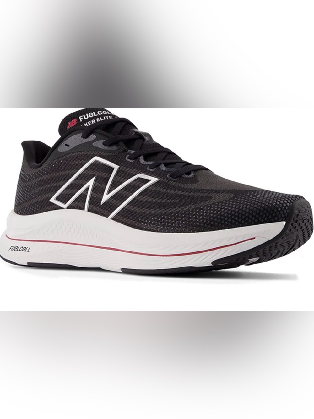 New Balance Black Fuel Cell Walker Elite White Midsole and Red Accent in Box